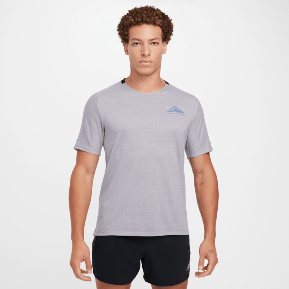 Nike Trail Solar Chase Dri-FIT Short-Sleeve Running Top Cement Grey Black Sz XL